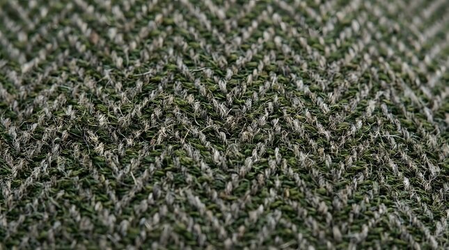 Macro close up shot of a thick green woven fabric showing intricate thread patterns and rustic natural fiber textile textures