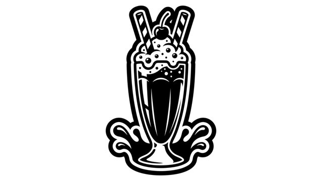 Dynamic milkshake glass with liquid splash, double straws and cherry on top, bold retro diner graphic, monochrome stencil style, vector illustration