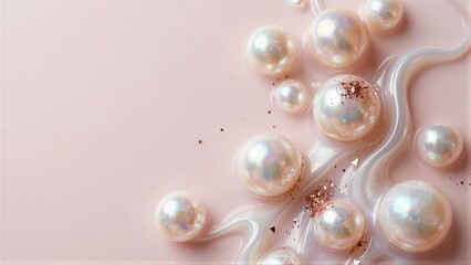 Fototapeta premium Glossy pearls float in pink liquid, one with glittery shimmer.