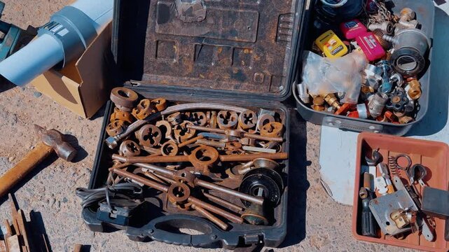 Rusty tools on asphalt flea market display of old wrenches hammers screwdrivers in cardboard boxes under summer sunlight vendor