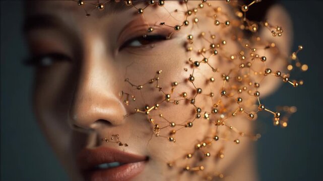 A young woman has her face adorned with glittering jewels and beads against a dark backdrop. Her expression is neutral as she gazes directly into the camera.