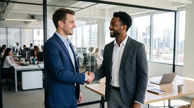 Successful business partners shaking hands in modern bright office during recruitment process or new partnership deal.