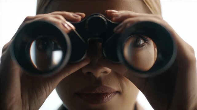 A woman looking through binoculars at an object in the distance.