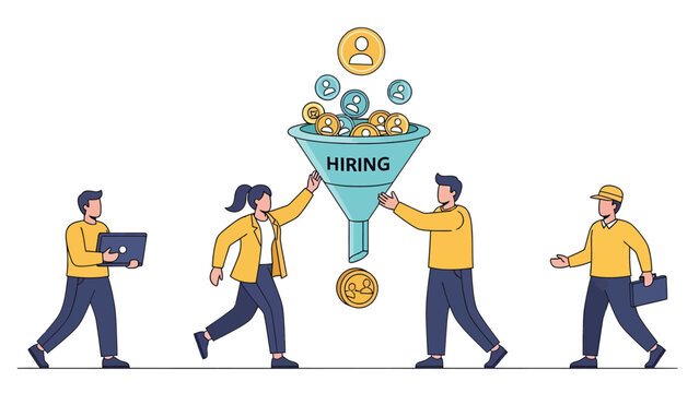 Recruitment process illustration showing a funnel with the word 'Hiring' and people interacting with it.