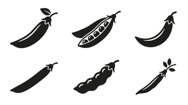Flat vector icon set featuring six pea pod variations: closed pod, open pod revealing peas, curved pod, straight pod, mature pod, fresh young pod