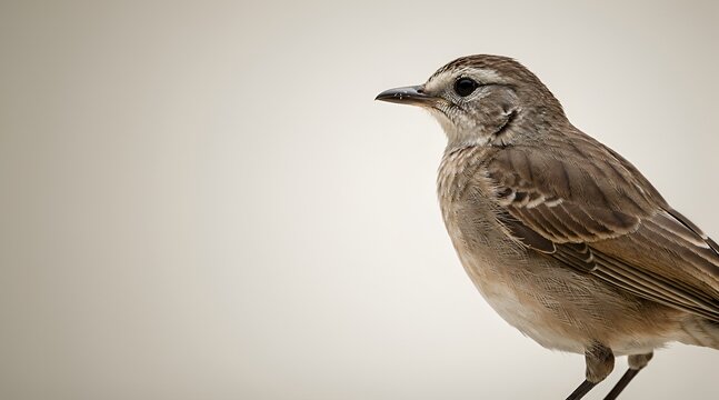 Close up portrait of a small brown bird isolated on a plain background.