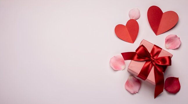Gift box with red ribbon and paper hearts for Valentines Day.