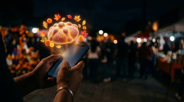 Man using smartphone to project holographic bread of the dead. Mexican Day of the Dead celebration with virtual augmented reality food display. Traditional artisan bakery concept for holiday.