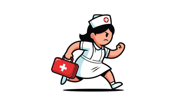 Cartoon nurse running with a first aid kit, representing urgency in healthcare.