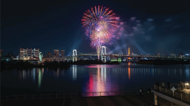 Statue of Liberty replica in Tokyo at night with fireworks and reflection
