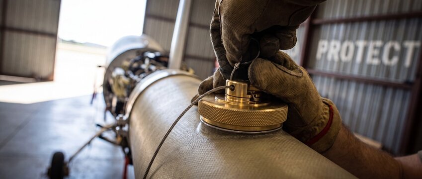 Aircraft technician securing brass cap on missile fuselage in hangar during military maintenance operations, ensuring aerospace hardware safety, precision engineering, and weapon pre-flight readiness.