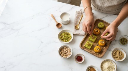 Obraz premium Woman confectioner decorating traditional Indian sweet dessert on wooden tray. Making artisanal treats with pistachio, saffron and cardamom. Culinary craft and hobby concept for food blog.