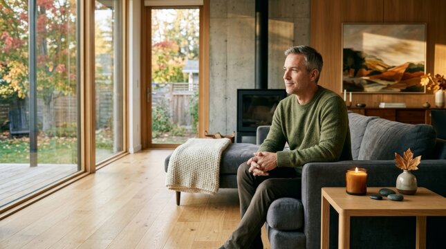 Middle aged man resting on sofa at home by window. Calm man enjoying autumn view in cozy modern living room with fireplace. Serene lifestyle person in interior house during fall season.