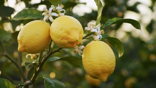 Fresh yellow lemons hanging on a citrus tree branch
