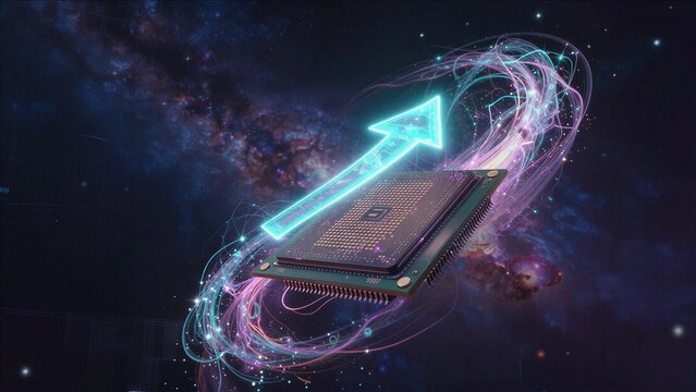A glowing arrow surges through a cosmic backdrop, propelling futuristic processor into the stars.