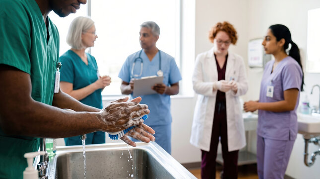 Surgeon Scrubbing Hands Before Procedure
