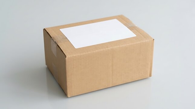 Cardboard parcel box with blank label on neutral background for shipping and delivery