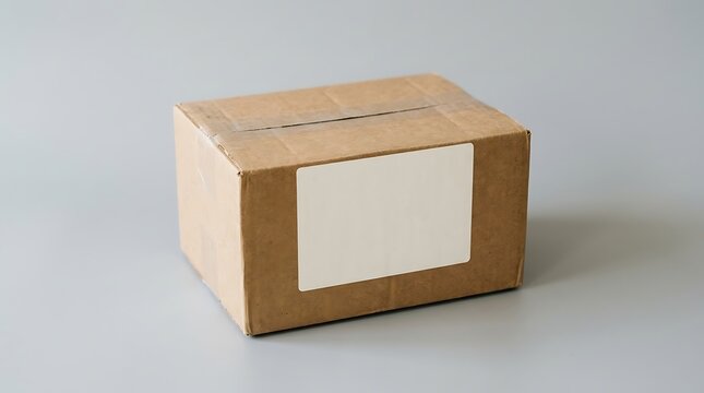 Cardboard box with blank label for shipping or delivery on a plain background