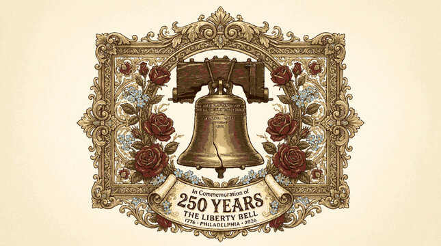 Ornate commemorative illustration of a historic cracked bell with floral border