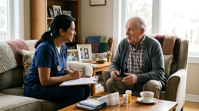 Caregiver assisting elderly man indoors with conversation and medical check