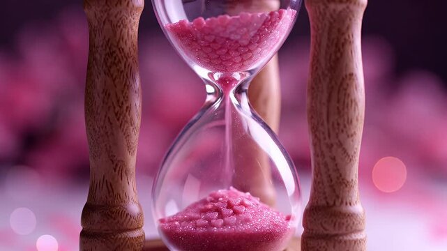 Elegant Pink Sand Hourglass Timer Framed by Rustic Wooden Pillars and Soft Lighting