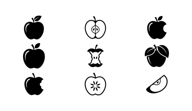 Assortment of 9 apple icons in black and white, displaying whole, bitten, half, core, and slice variations for food and healthy lifestyle designs.