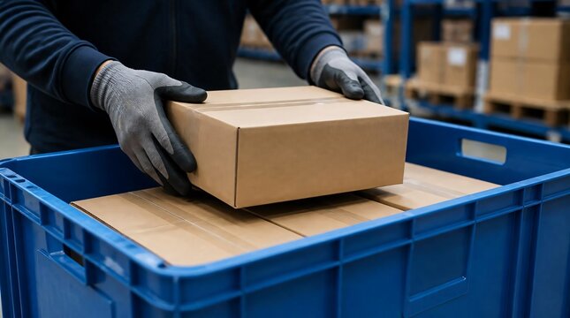 Close up of hands worker packing small cardboard boxes into blue plastic tote bin in warehouse