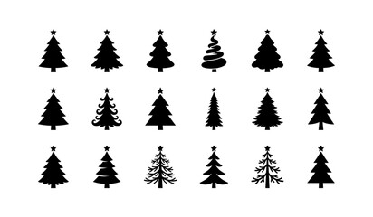 Obraz premium Christmas tree icons set, xmas trees with star and ornaments black silhouette, winter holidays symbol, traditional spruce in flat design, festive fir collection isolated on white background.