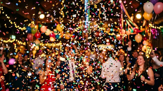 Celebration crowd enjoying confetti and balloon decorations festive atmosphere