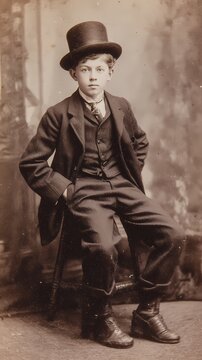 Boy wearing a top hat sits for a portrait.