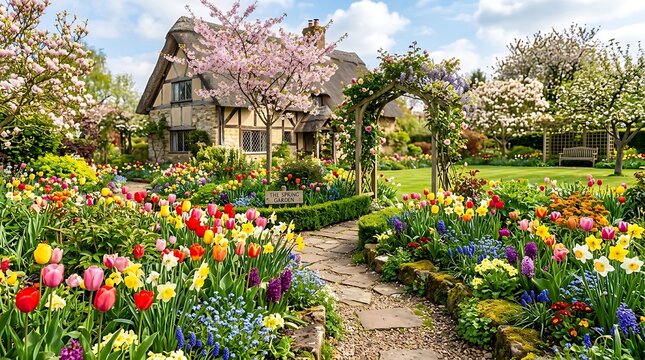 Charming cottage garden in full bloom with winding path and lush floral displays