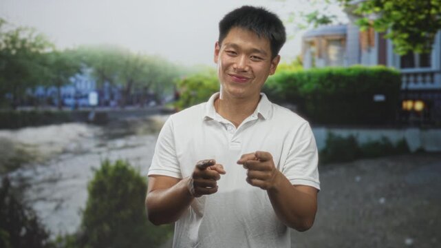 Man pointing both fingers in a finger gun gesture on a street canal promenade, smiling with eyes closed and wearing a white polo; playful confidence.