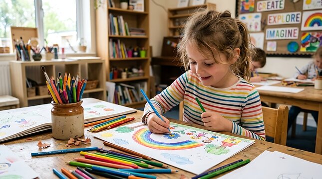 Child drawing colorful rainbow and animals in art class creative development