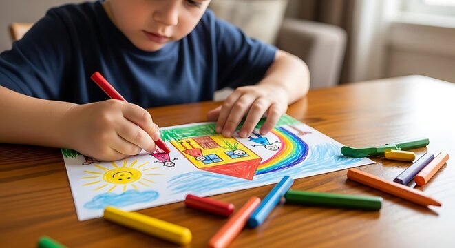 Child focused on drawing colorful picture with crayons indoors