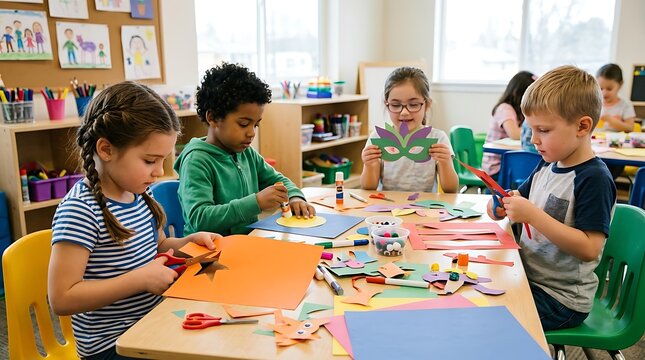 Children engaged in creative art class crafting and learning together indoors