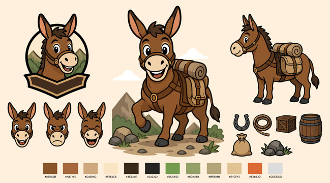 Cartoon Donkey Character with Saddle and Accessories.