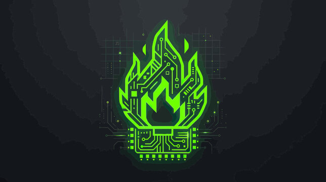 Digital Fire Symbol: Circuit Board Flame Icon with Tech Grid Background