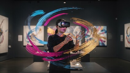 Naklejka premium Medium shot of a visitor wearing a VR headset engaging with dynamic digital brushstrokes in a softly lit immersive art gallery.