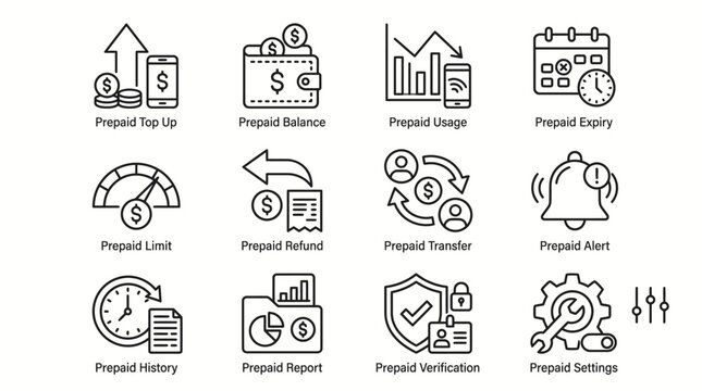 Set of Twelve Hand Drawn Prepaid Service Icons.