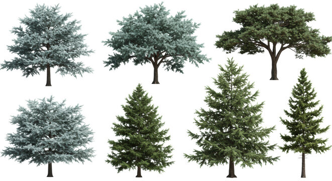 Hyperrealistic 3d rendered diverse conifer trees (spruce, pine) in varying maturity stages, displayed as isolated design assets against a transparent background. Technical showcase concept