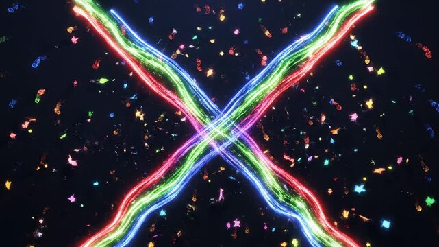 Colorful fireworks exploding into a cross pattern