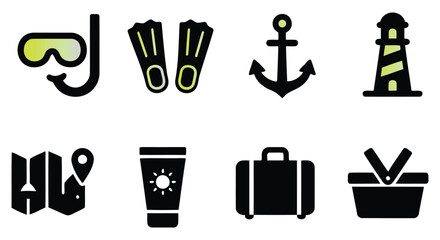Travel icons set featuring a lifeguard buoy sunglasses anchor and suitcase flat vector style tourism © MOTIUR