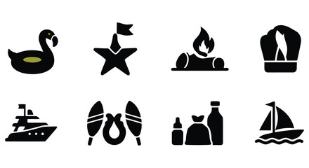 Collection Of Black Silhouette Icons Featuring A Swan Starfish Campfire And Sailing Ship waterfowl bird © MOTIUR