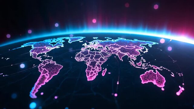 A colorful map-like with pink network lines crisscrossing over a stylized globe background with data points scattered throughout.