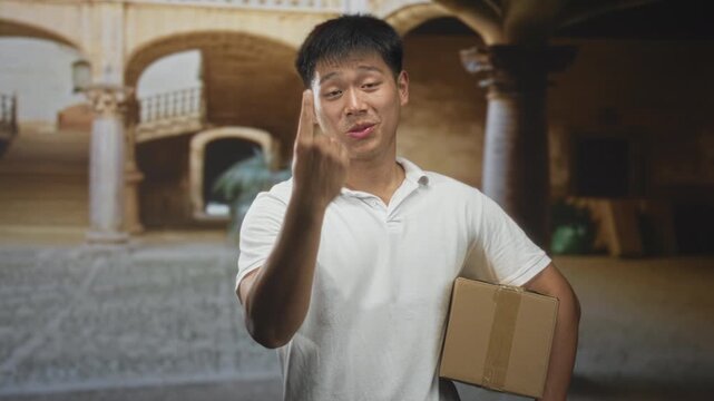 Man in white polo holding a cardboard box under arm and pointing finger toward camera inside a building courtyard; helpful service.