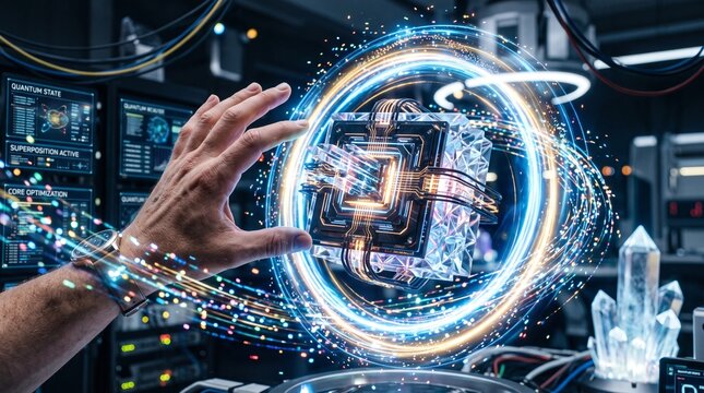A hand interacts with a futuristic holographic interface in a dark laboratory setting with technology and crystals.