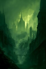Obraz premium Castle sits atop a dark misty mountain peak.