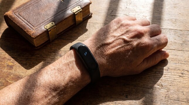 Senior Man Wearing Modern Fitness Tracker Beside Antique Book