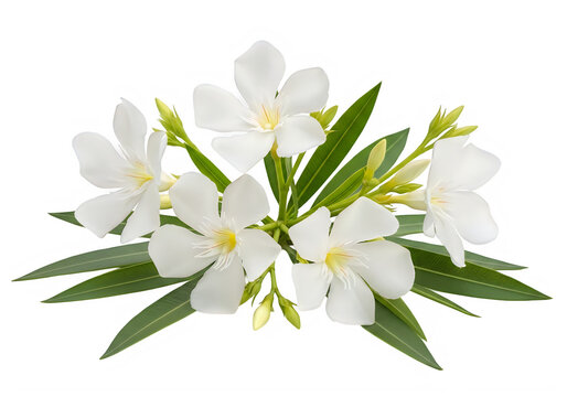 Beautiful white oleander flowers with green leaves isolated on transparent background, isolated on white background