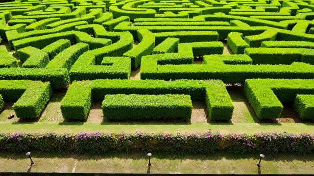 Lush green hedges form intricate maze patterns. Pathways twist and turn between neatly trimmed sections. Low-lying flowers border the maze's base. Dark pathways contrast against vibrant green foliage